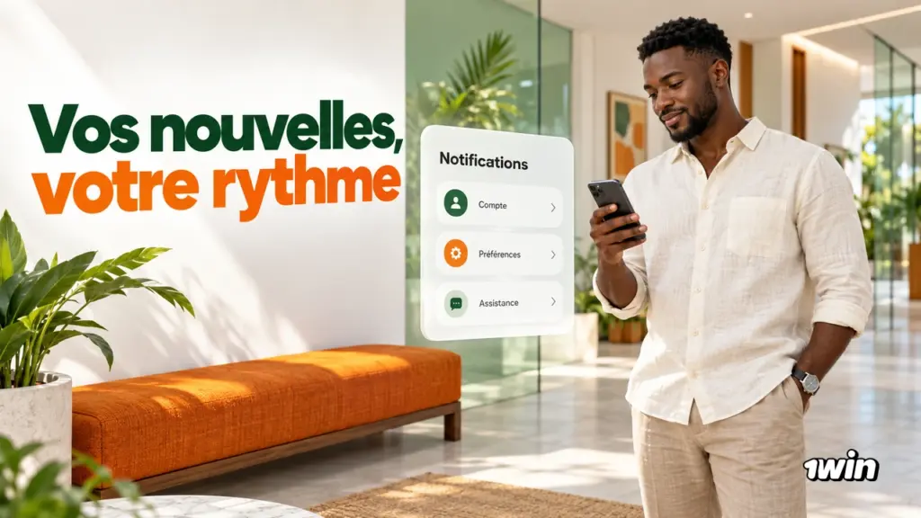 Homme tenant un téléphone à côté d’un panneau illustré de notifications.