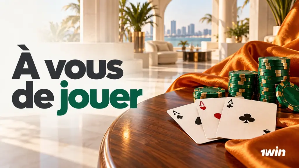 Cartes et jetons sur une table en bois.